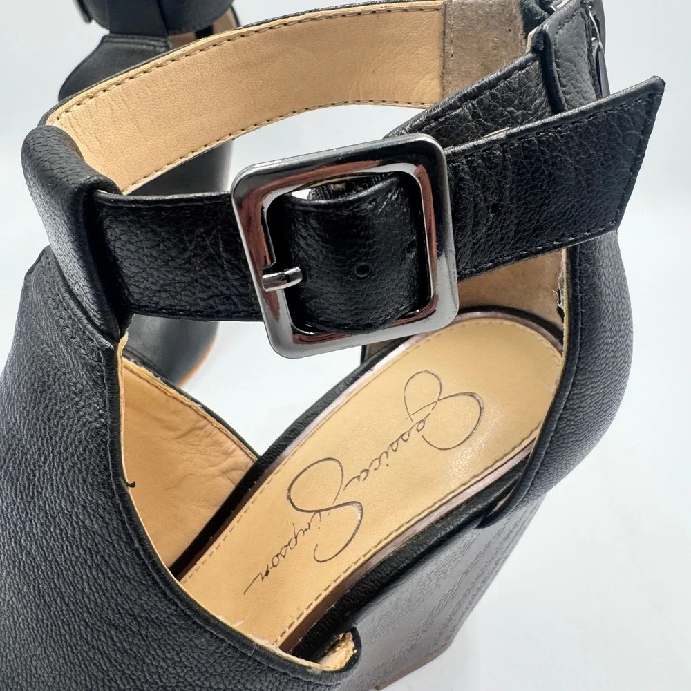 Jessica Simpson Crimsella Black Leather Wedge Sandals Peep Toe Ankle Strap 7M
